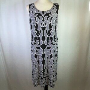 R&M Richards Shift Dress Art Deco Floral Black White Sleeveless Stretch Size 14